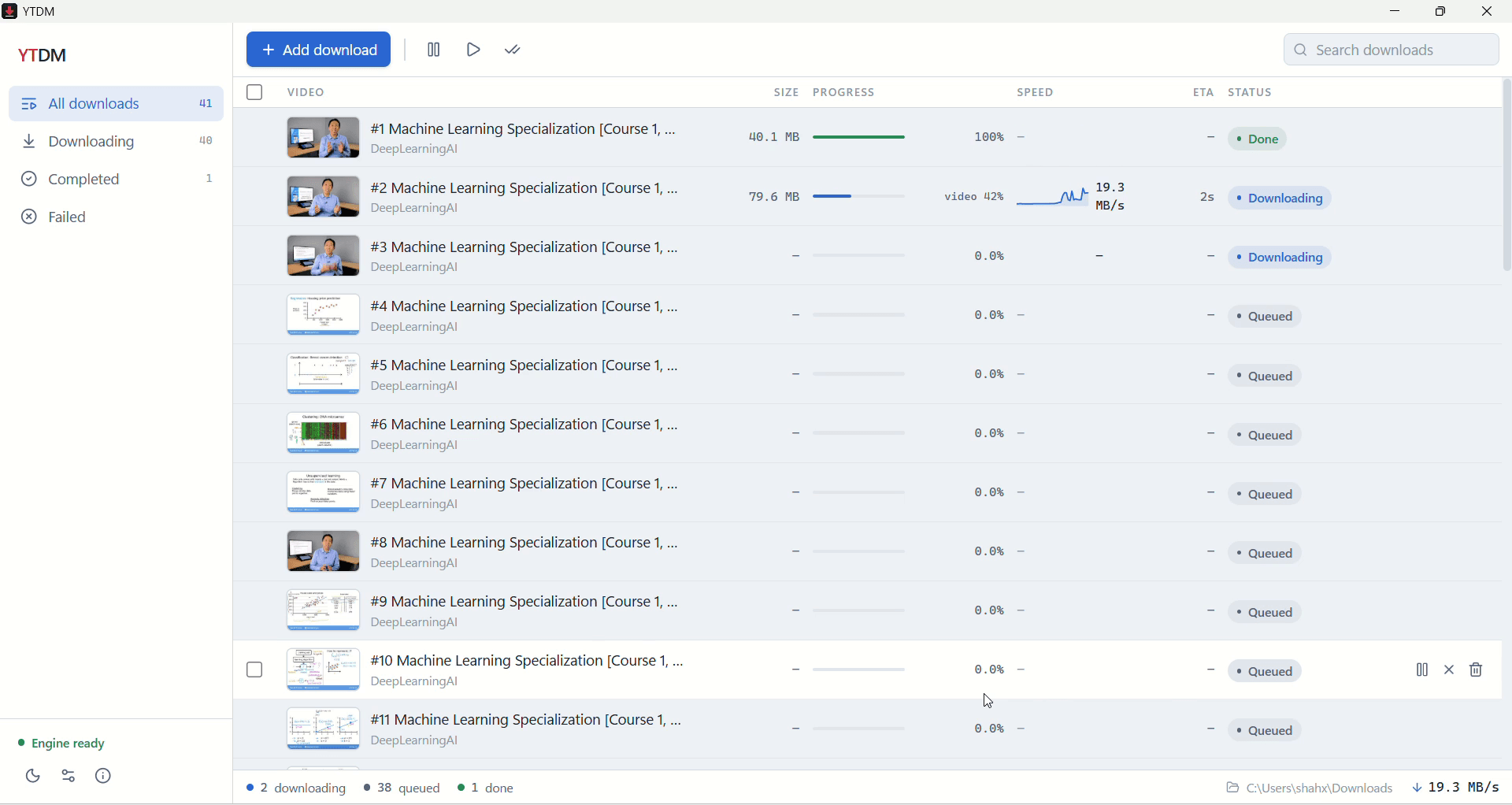 YTDM downloading a 40-video playlist with live per-video progress